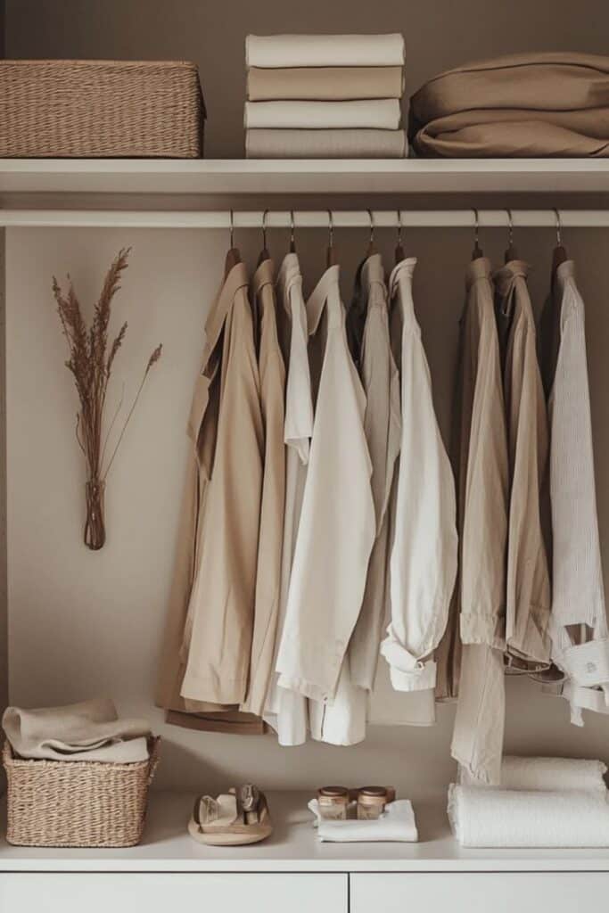 Minimalist wardrobe with neatly arranged beige and white clothes, woven basket, and decorative dried flowers.