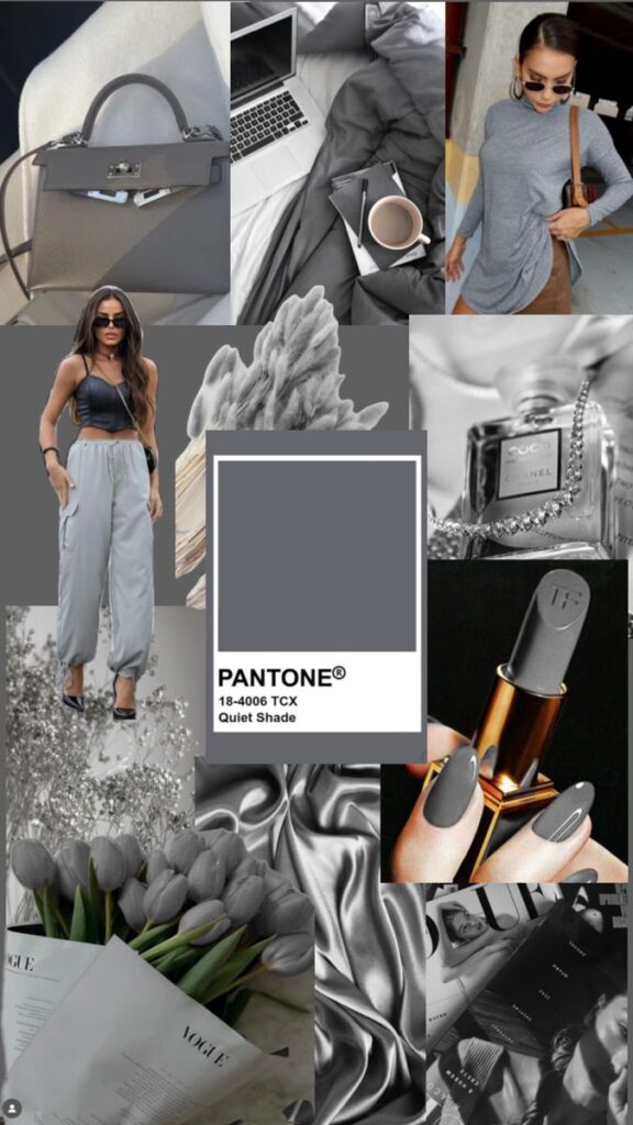 _ 41 Collage with Pantone Quiet Shade, gray fashion, accessories, and luxury themes in stylish gray tones. | Sky Rye Design Collage with Pantone Quiet Shade, gray fashion, accessories, and luxury themes in stylish gray tones.