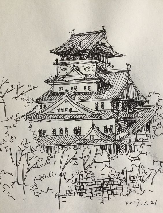 413bc791-12d2-4fad-baf7-372065c61e81 Sketch of a traditional Japanese castle with trees, showcasing intricate architecture and layered roofs. | Sky Rye Design Sketch of a traditional Japanese castle with trees, showcasing intricate architecture and layered roofs.