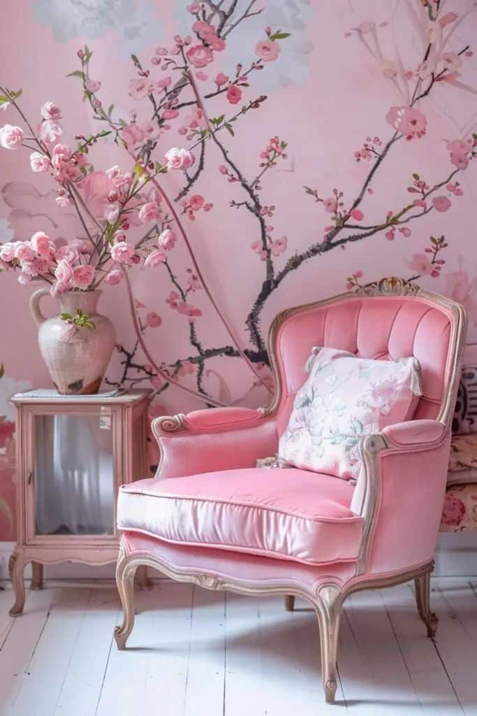 Pink vintage armchair with floral cushion, cherry blossom wall art, and vase on wood floor for elegant interior design.