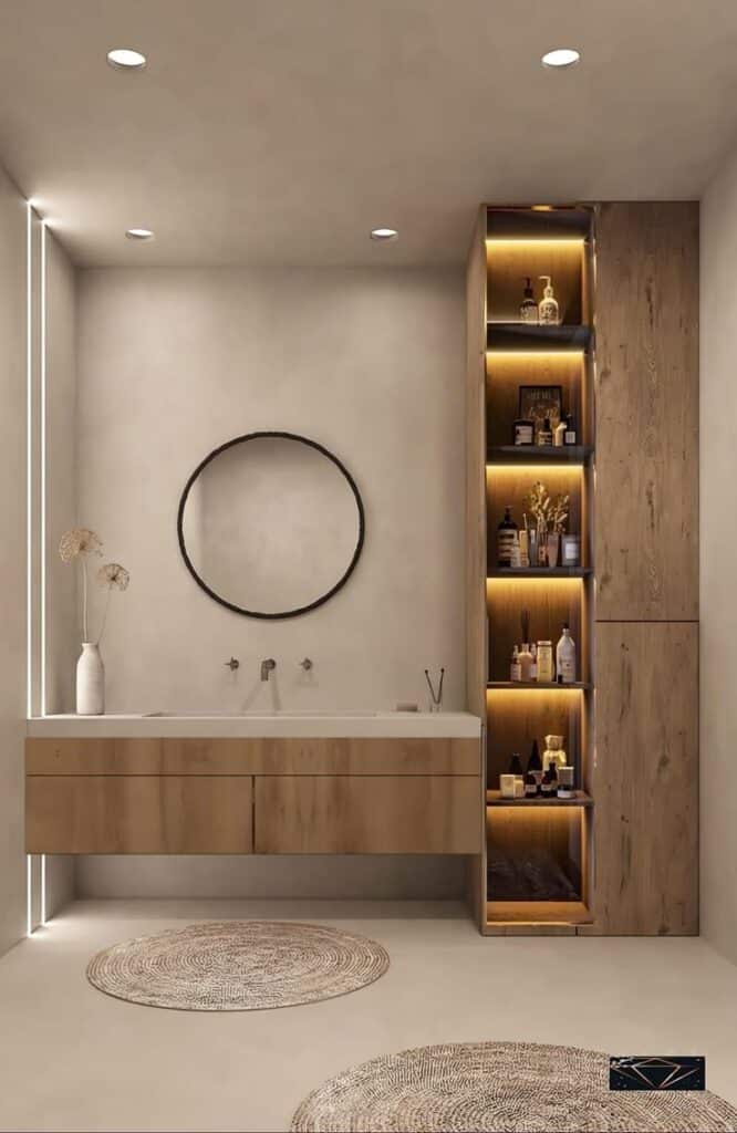 Modern minimalist bathroom with wood accents, round mirror, and illuminated shelving.