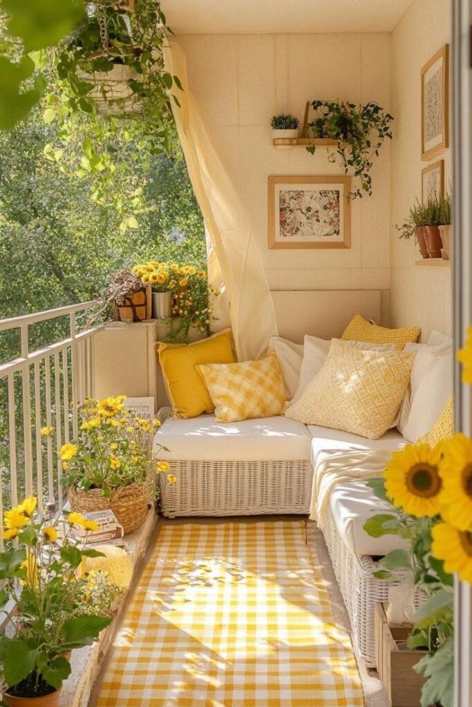 Sunny balcony with cozy seating, yellow accents, and lush plants creating a relaxing, vibrant outdoor space.