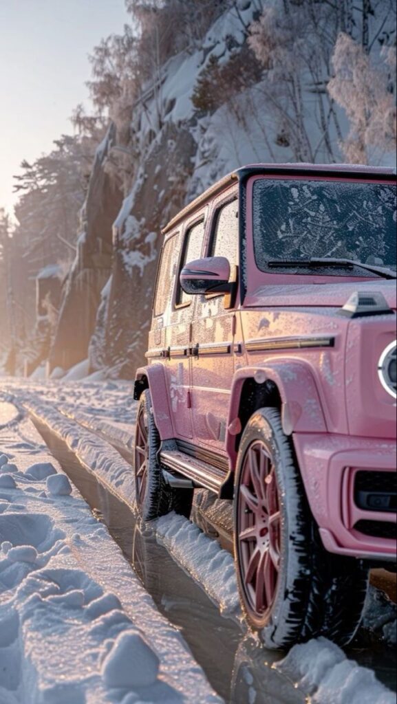Pink SUV on a snowy road at sunrise, showcasing winter adventure vibes and rugged terrain.