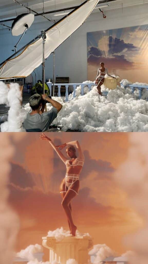 Behind-the-scenes of a cloud-themed photo shoot featuring a model posing on a set imitating clouds.