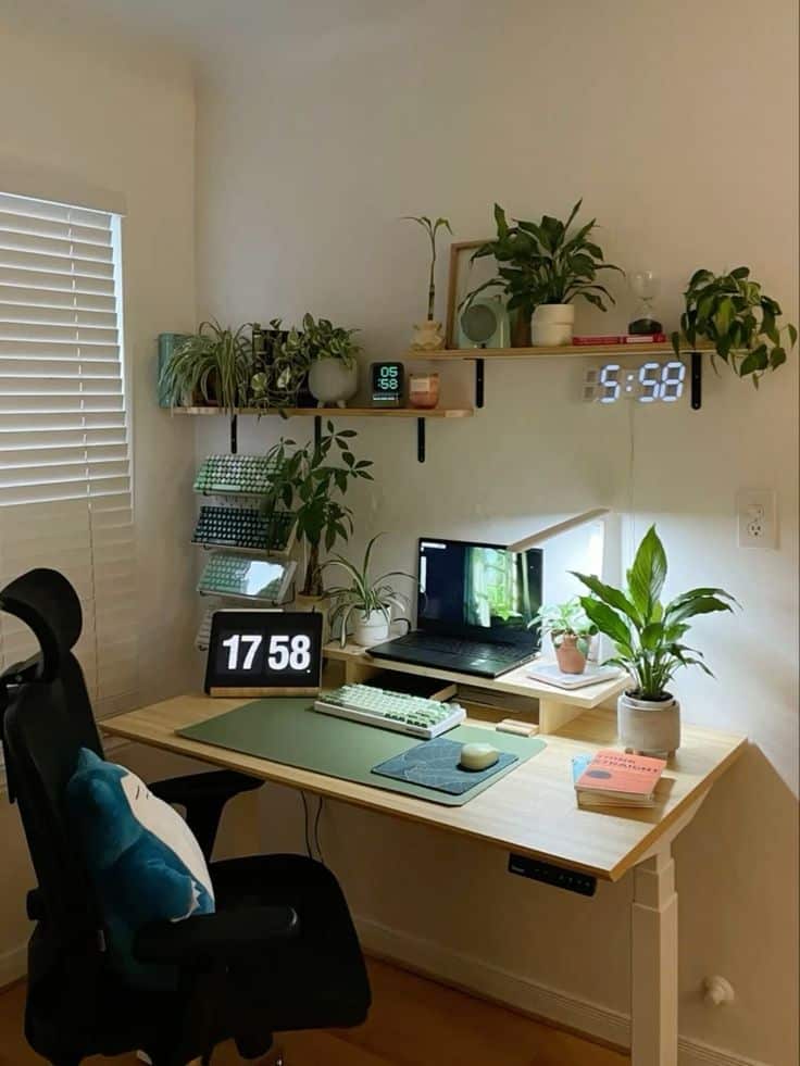 Ergonomic home office setup with a laptop, plants, digital clocks, and decor on wooden shelves and desk.