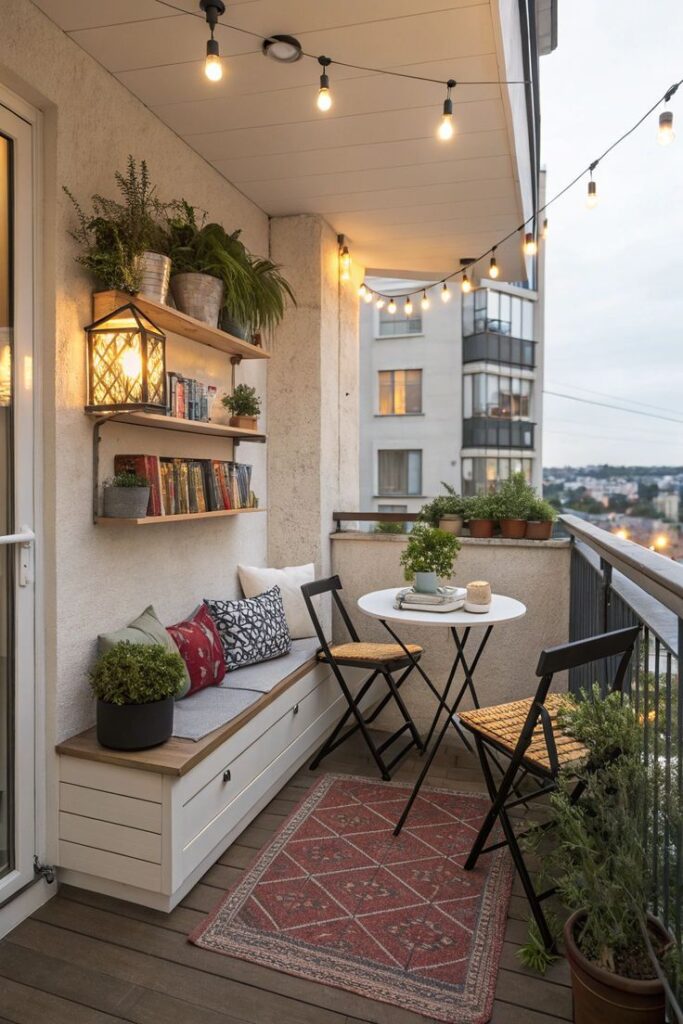 Cozy balcony with string lights, plants, and seating, perfect for relaxing evenings.