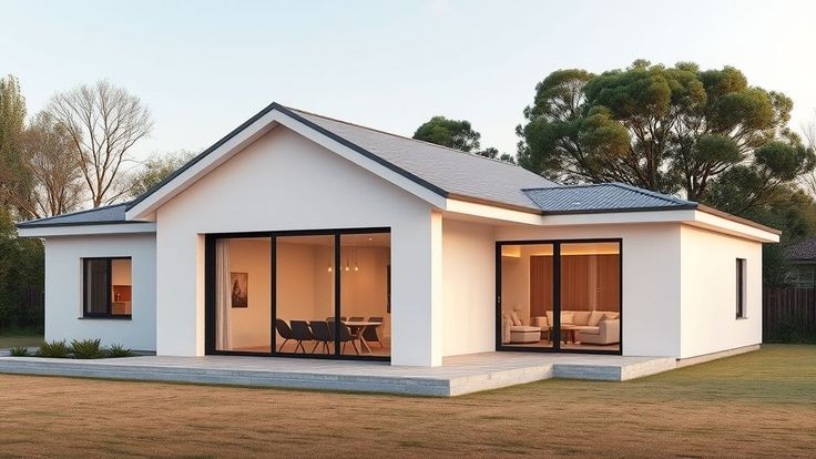Modern single-story white house with large windows and a spacious lawn.