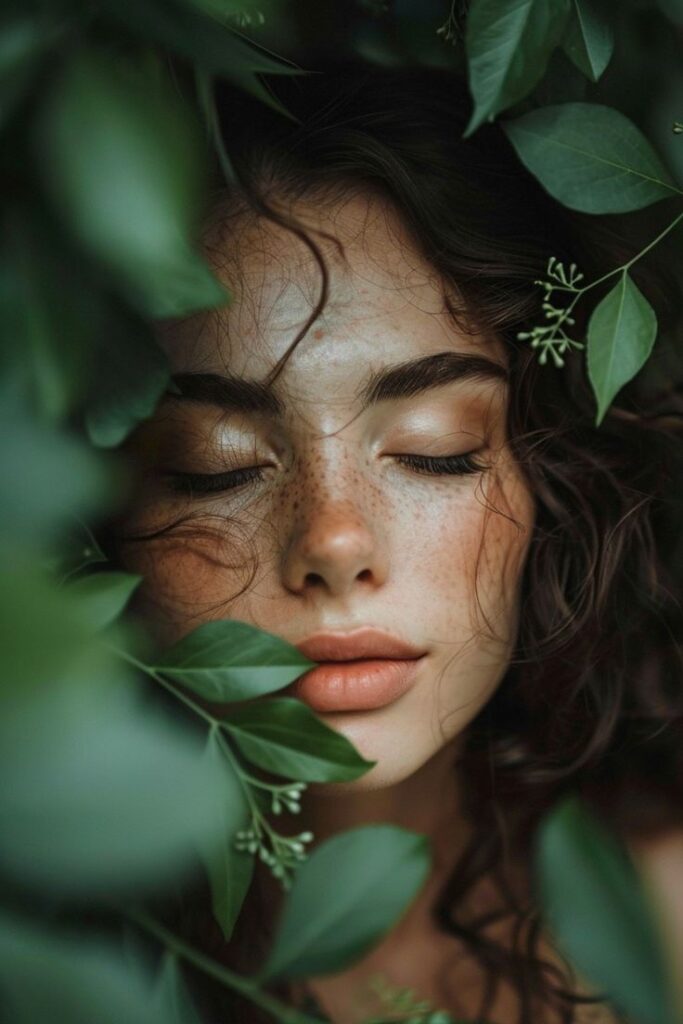 Woman with closed eyes among green leaves, experiencing nature serenity and tranquility.