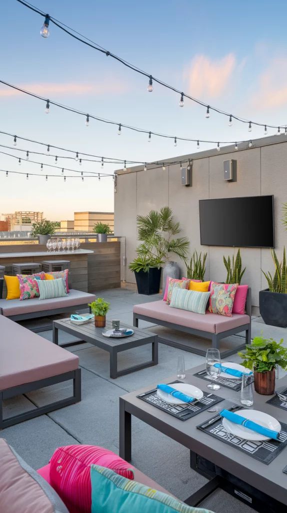 Modern rooftop patio with cozy seating, decorative pillows, string lights, and dining setup, perfect for outdoor relaxation.
