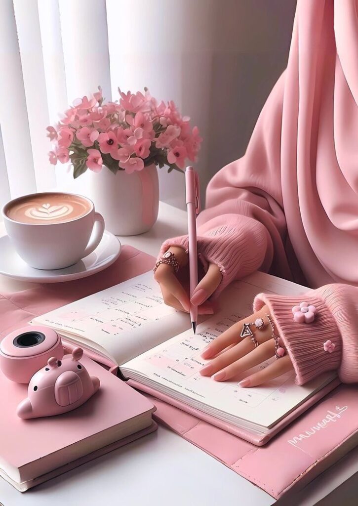 Woman in pink writes in a journal with coffee and flowers nearby. Cozy workspace with soft pink tones.