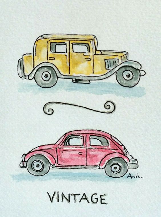 Illustration of two vintage cars, yellow and red, with VINTAGE text beneath, in a watercolor style.