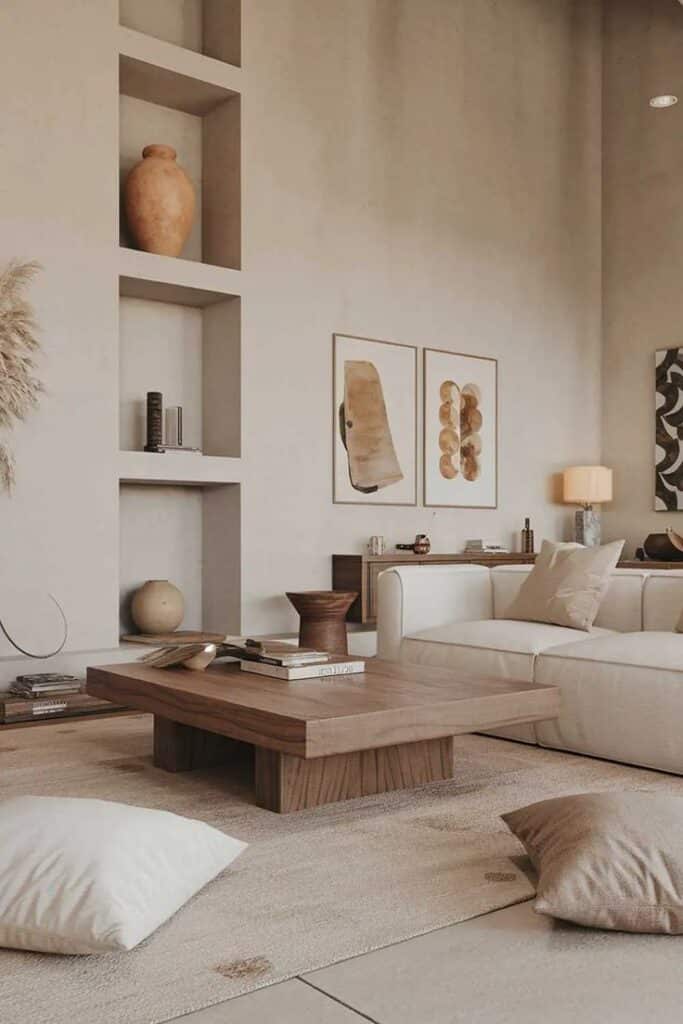 Modern minimalist living room with beige sofa, wooden table, and abstract art on walls. Cozy neutral decor setting.