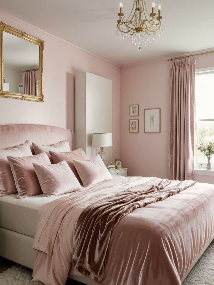 Elegant pink bedroom with velvet bedding, chandelier, and mirror accent, creating a cozy and luxurious atmosphere.