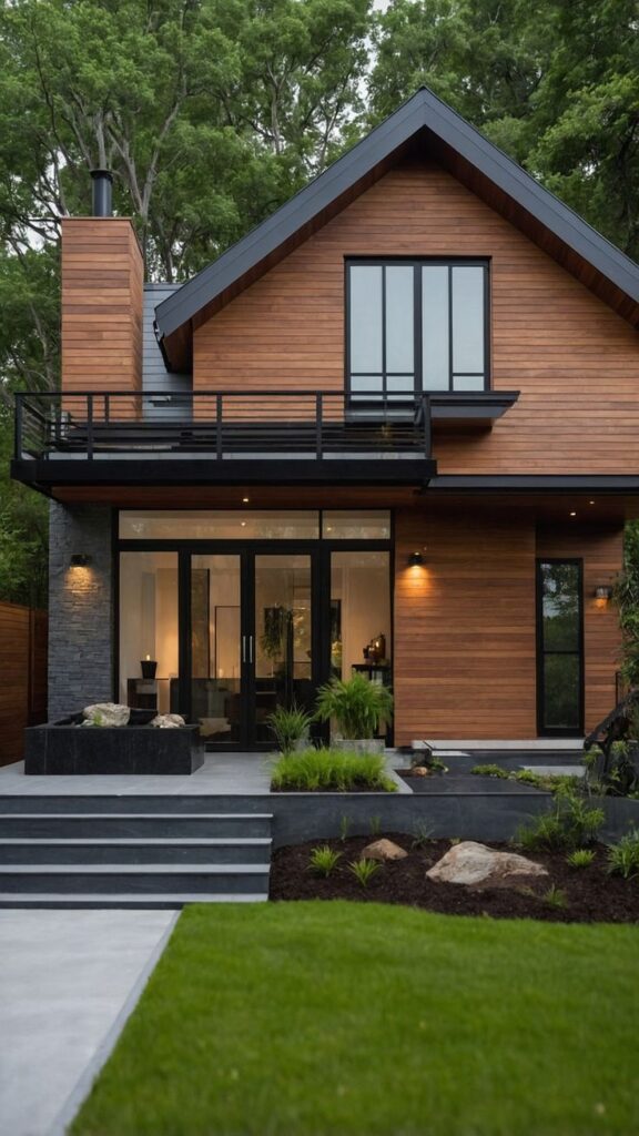 Modern two-story wooden house with large windows and lush greenery in front yard.
