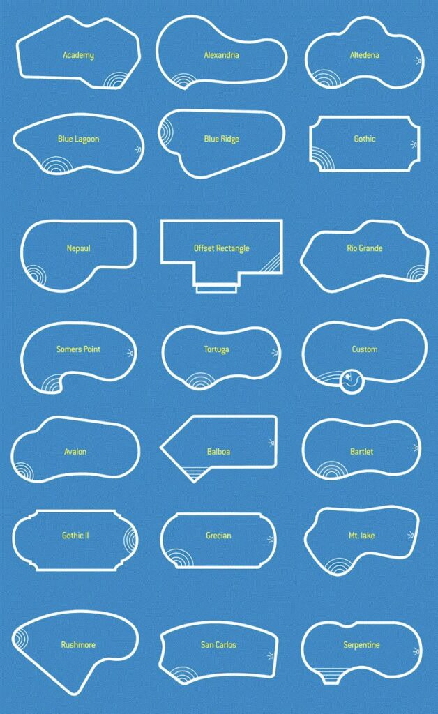 Diagram of 20 pool shapes with names like Alexandria, Blue Lagoon, and Gothic on a blue background.