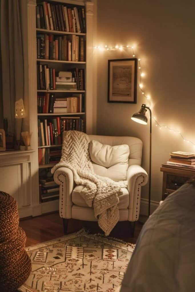 Cozy reading nook with armchair, blanket, floor lamp, and bookshelves decorated with string lights.