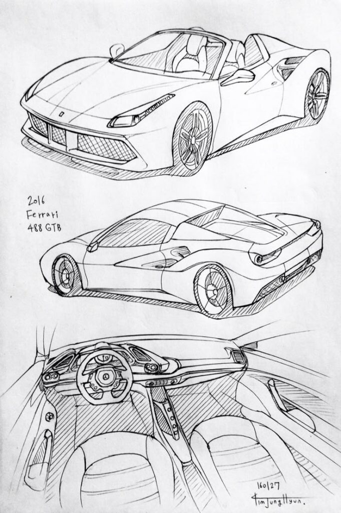 4b0bac40-75b5-4e15-95dc-f3bfbd33e2f8 Sketch of a 2016 Ferrari 488 GTB, showcasing front, rear, and interior views with detailed pencil illustrations. | Sky Rye Design Sketch of a 2016 Ferrari 488 GTB, showcasing front, rear, and interior views with detailed pencil illustrations.