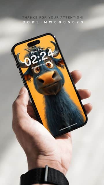 Phone displaying cartoon yak on screen held in hand, text above reads: THANKS FOR YOUR ATTENTION! CODE: MW005673.