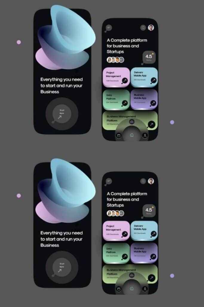 Mobile app screens showcasing business management tools for startups.