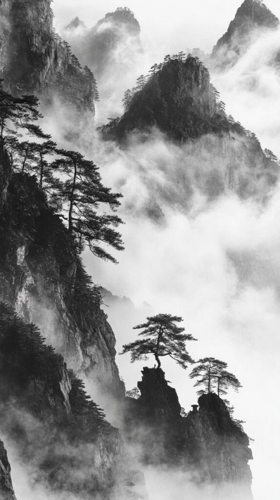 Misty mountain landscape with pine trees on rugged cliffs, creating a serene and mystical atmosphere.