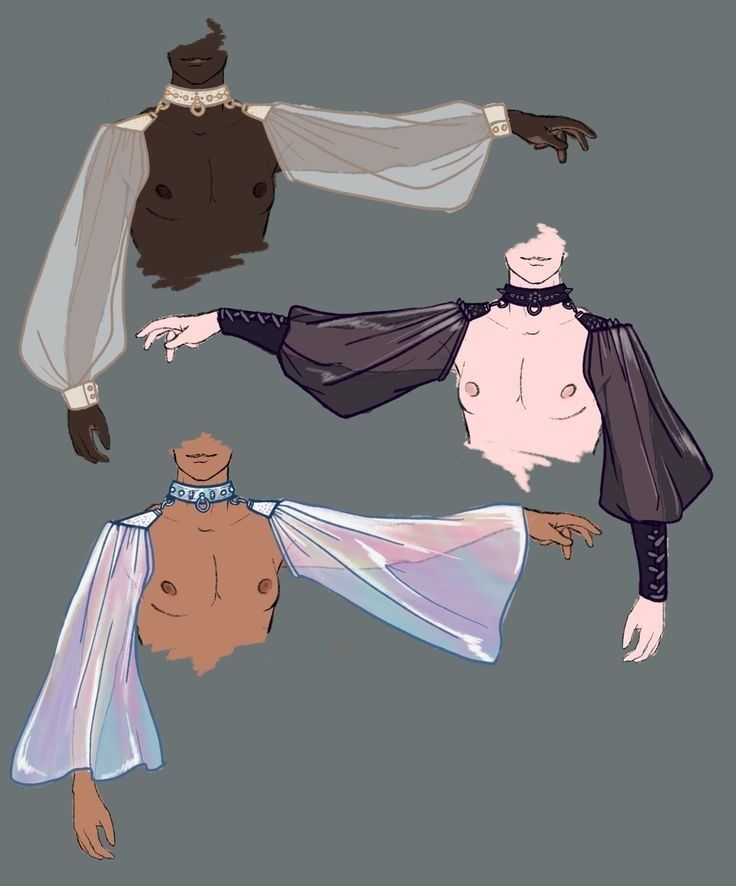Illustrated fashion design showing three stylish tops with sheer sleeves and choker accents on a gray background.