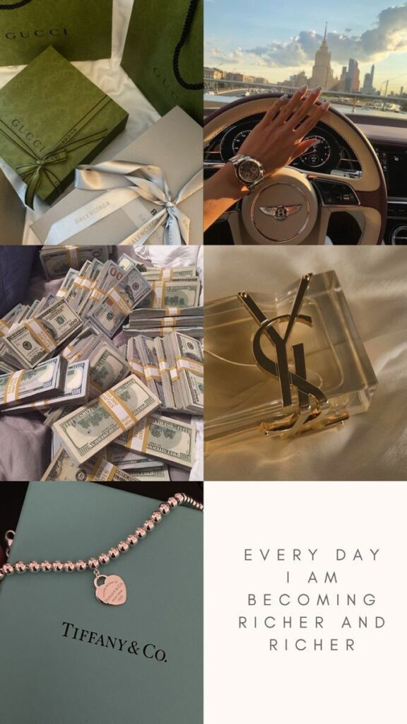 Luxury lifestyle collage featuring designer brands, cash stacks, and a scenic drive in a Bentley.