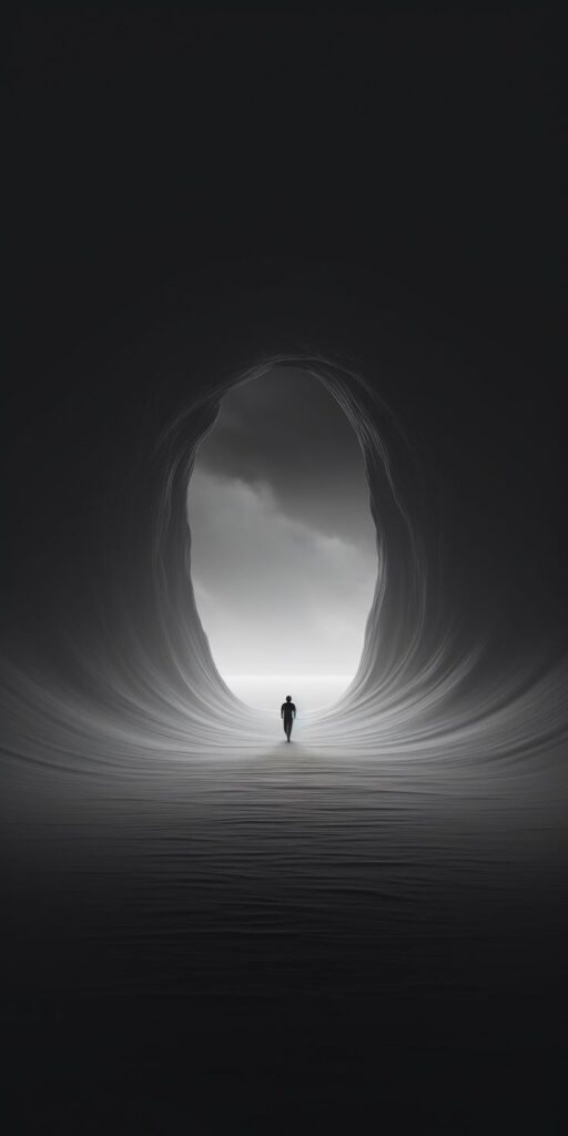 Silhouette of a person walking through a massive, dark tunnel towards light in the distance.