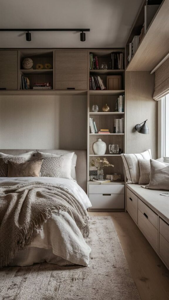 Cozy modern bedroom with beige decor, built-in shelves, and soft lighting.