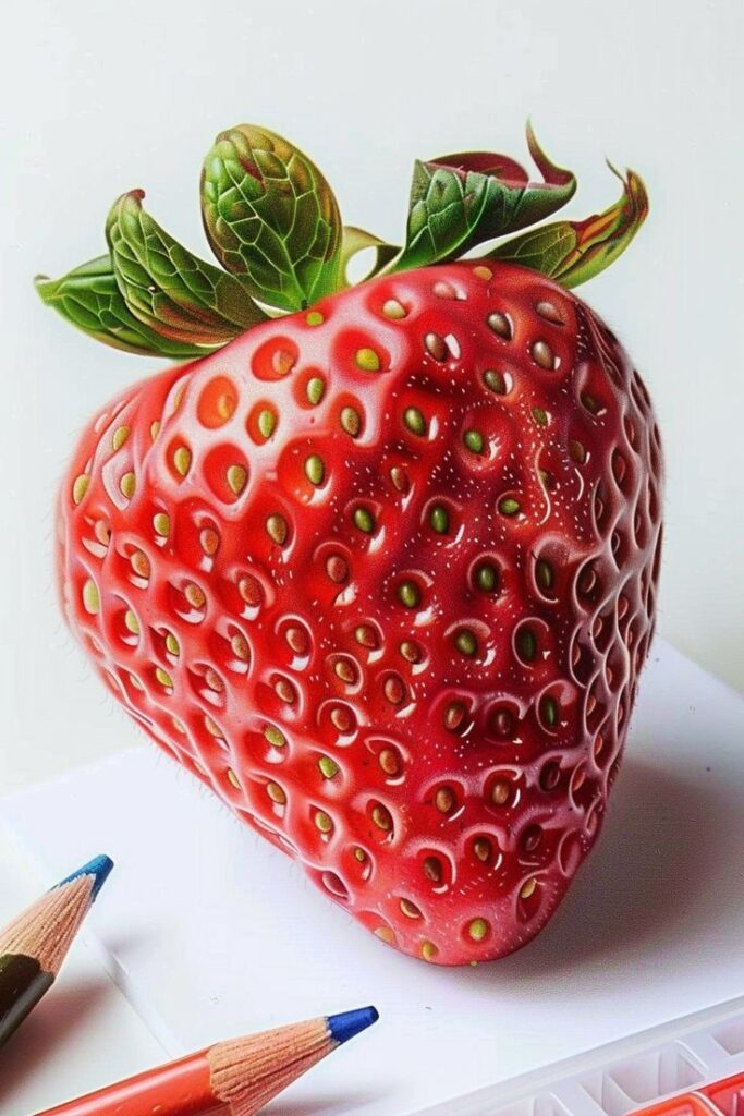 Detailed strawberry illustration with colored pencils and art supplies, showcasing vibrant colors and realism.