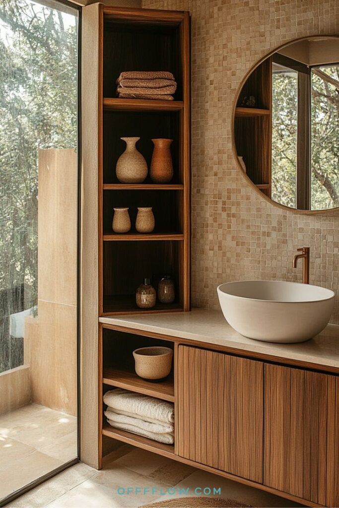 Elegant bathroom vanity with round mirror, wooden shelves, and a ceramic sink in a sunlit modern design.