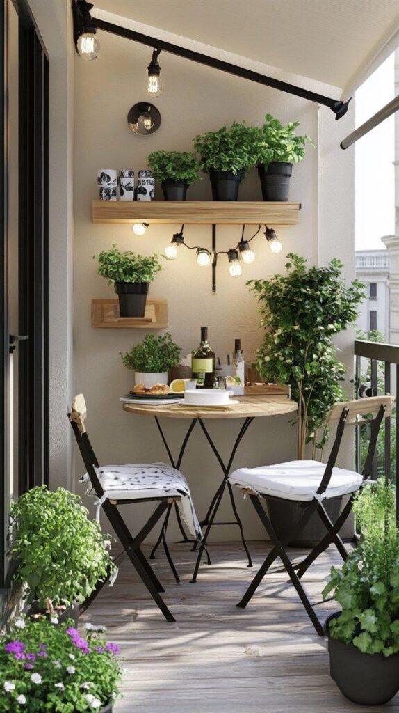 Cozy balcony with plants, string lights, and a bistro set for outdoor dining. Perfect urban garden retreat.