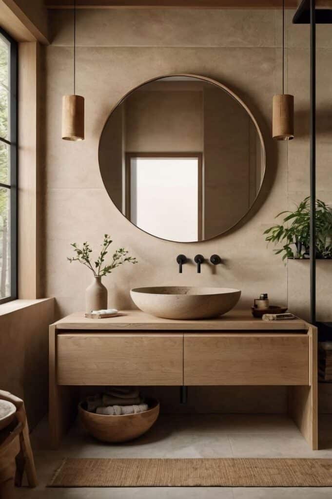 Modern bathroom with round mirror, wooden vanity, vessel sink, and decor in neutral tones.