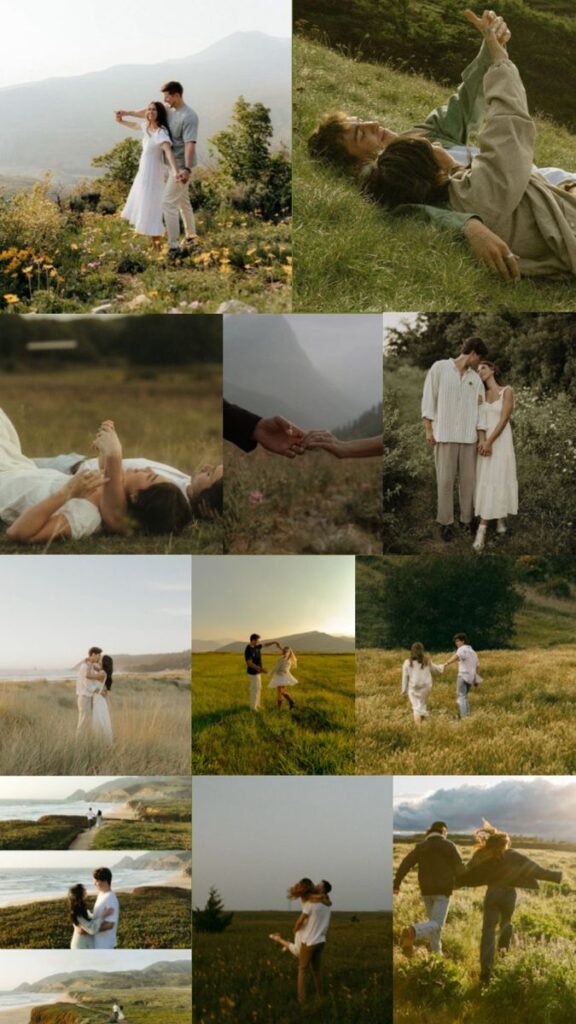 Romantic couples in scenic fields and mountains, enjoying nature and each other's company, love and adventure.