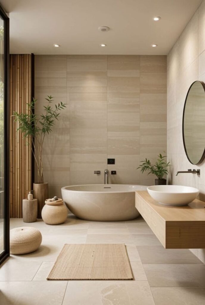Modern minimalist bathroom with round bathtub, wooden accents, and greenery for a relaxing ambiance.