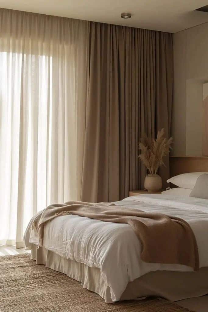 Minimalist bedroom with cozy bed, beige curtains, and natural light. Neutral tones create a calming ambiance. Beige Pantone Style in Home Design