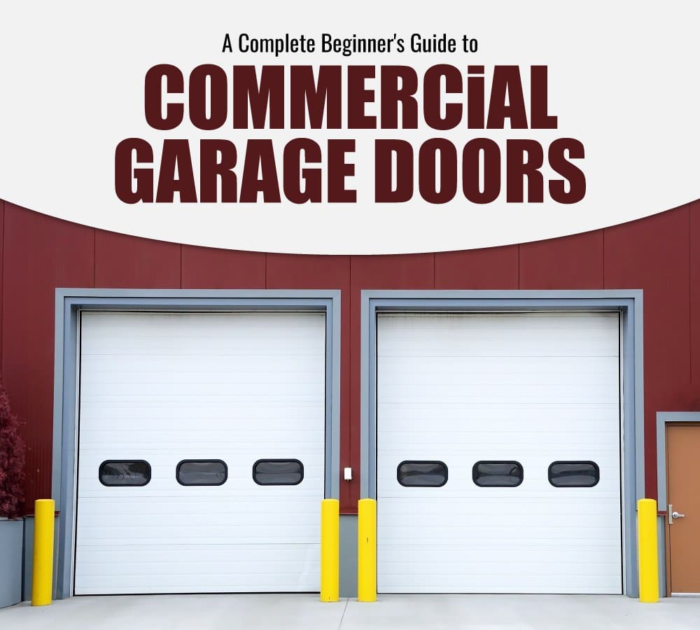 Commercial garage doors, beginner's guide cover image with two large industrial doors and protective yellow bollards.