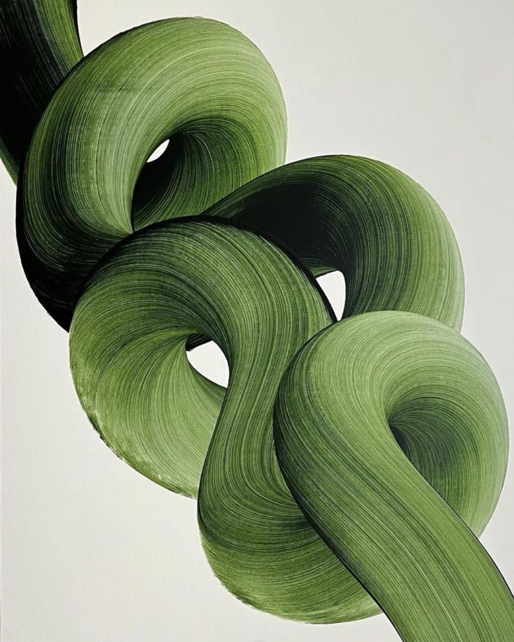 Abstract green swirl painting, showcasing smooth, intertwined brushstrokes on a gray background.