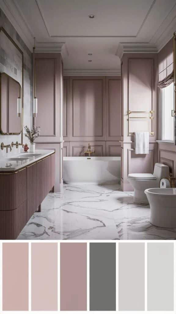 Luxurious pink bathroom with elegant marble floor, freestanding bathtub, and gold accents.