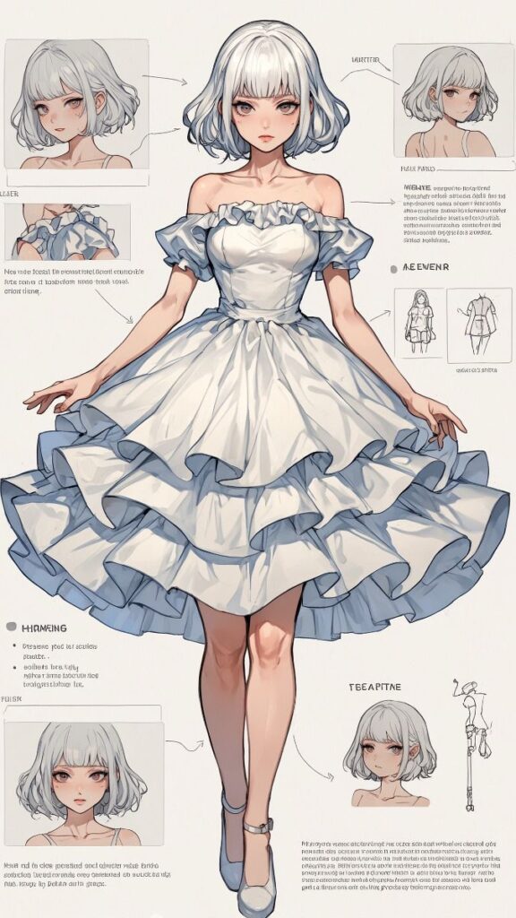 Anime character in a frilly white dress with multiple angles and details. White hair, stylish ruffles, and annotations.