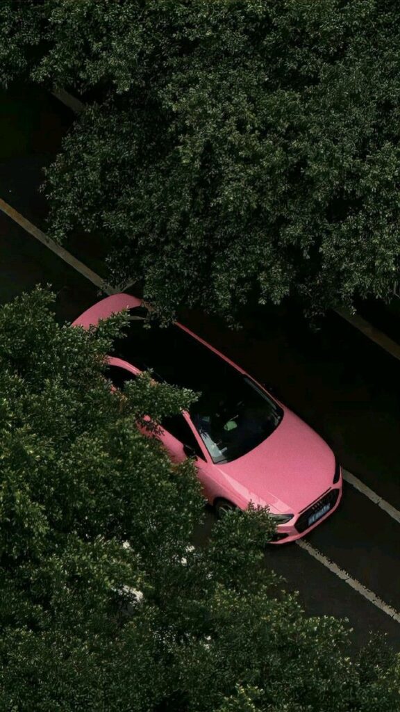 Pink car driving under lush green trees on a road, viewed from above.