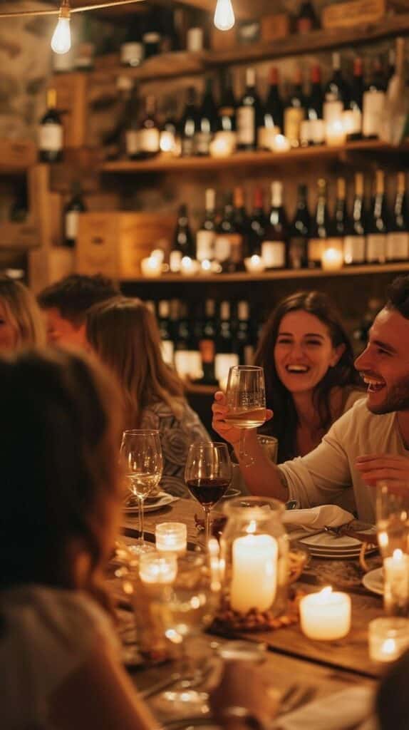 Cozy dinner party with friends, wine, and candles in a warmly lit room with shelves of bottles.
