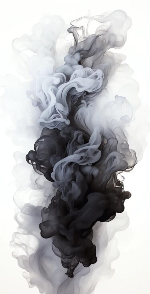 Abstract black and white smoke swirls create a captivating artistic pattern on a white background.