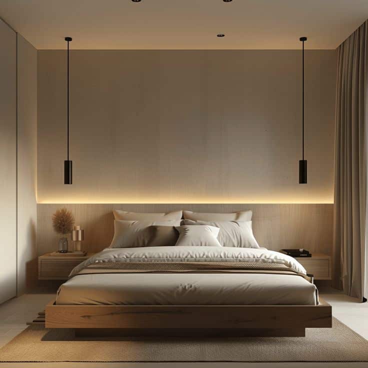 55 Minimalist Bedroom Ideas That Will Instantly Calm Your Mind - Edward George Minimalist bedroom design with wooden bed frame, ambient lighting, and neutral decor elements. | Sky Rye Design Minimalist bedroom design with wooden bed frame, ambient lighting, and neutral decor elements.