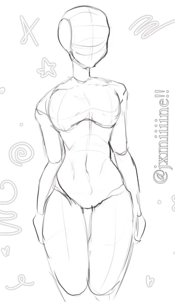 Sketch of a human figure with a focus on form and anatomy, set against whimsical doodles.