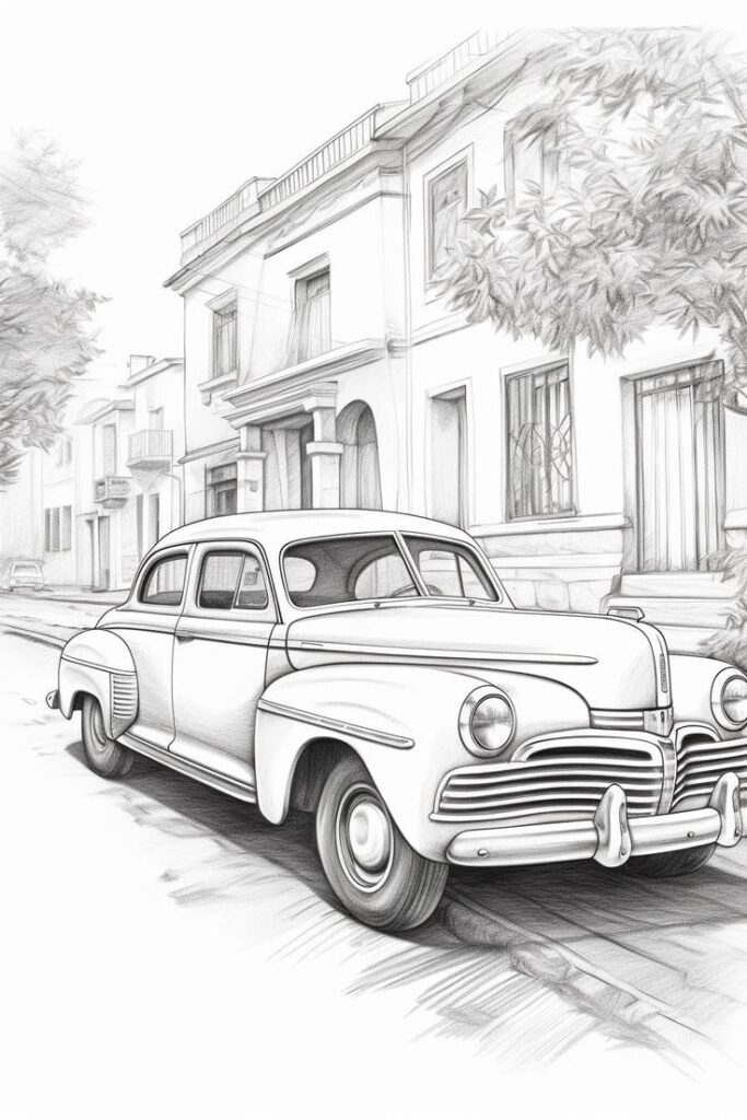 Pencil sketch of a vintage car parked on a quiet street lined with historic buildings and trees.