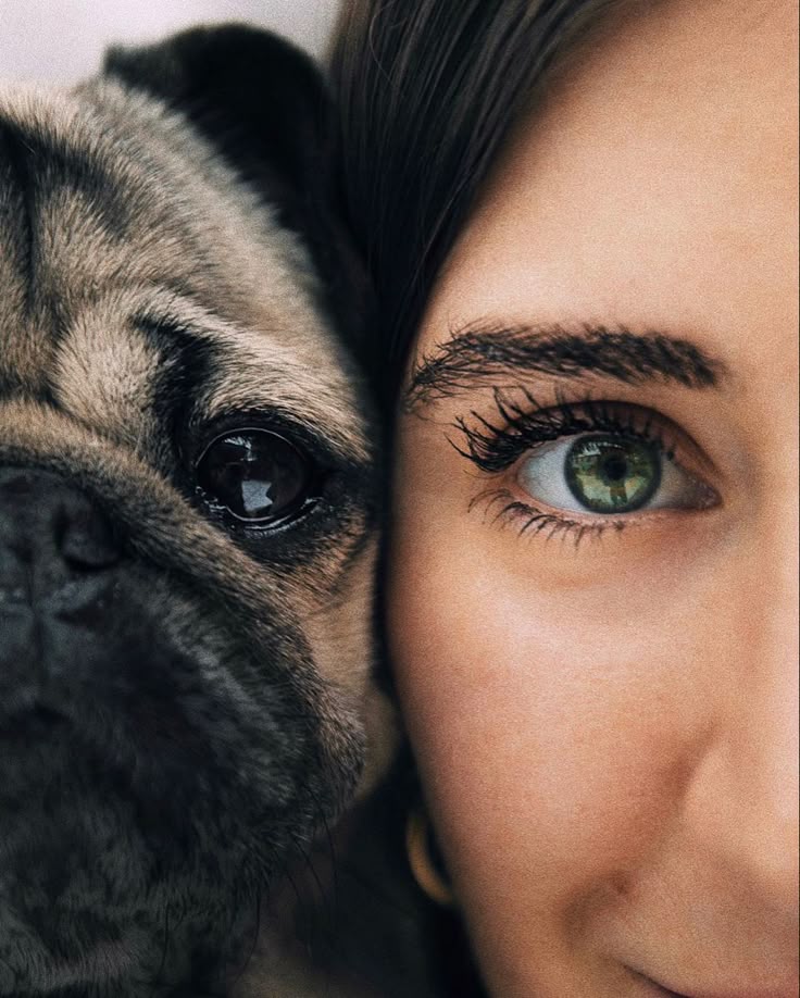 Close-up of a woman and a pug side by side, both showing one eye, creating a unique portrait.