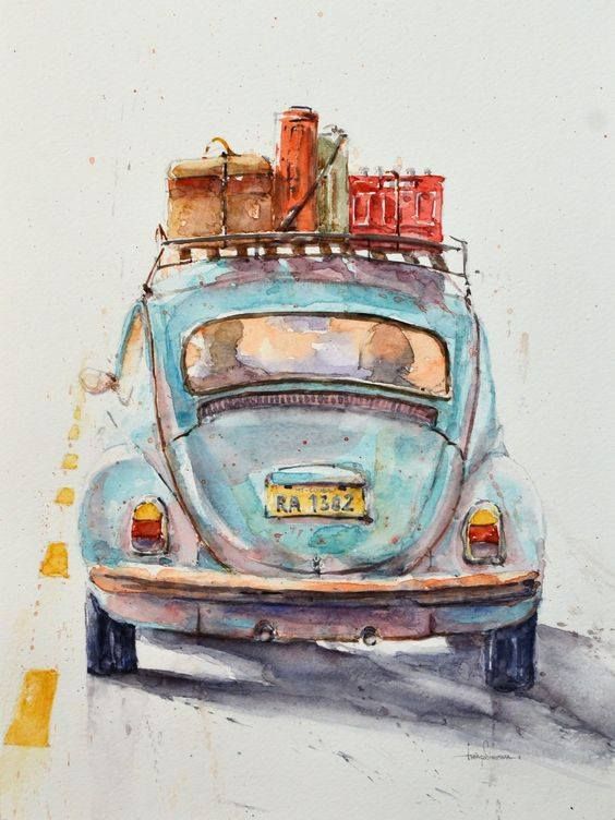 Watercolor of vintage blue car with luggage on roof driving down road.