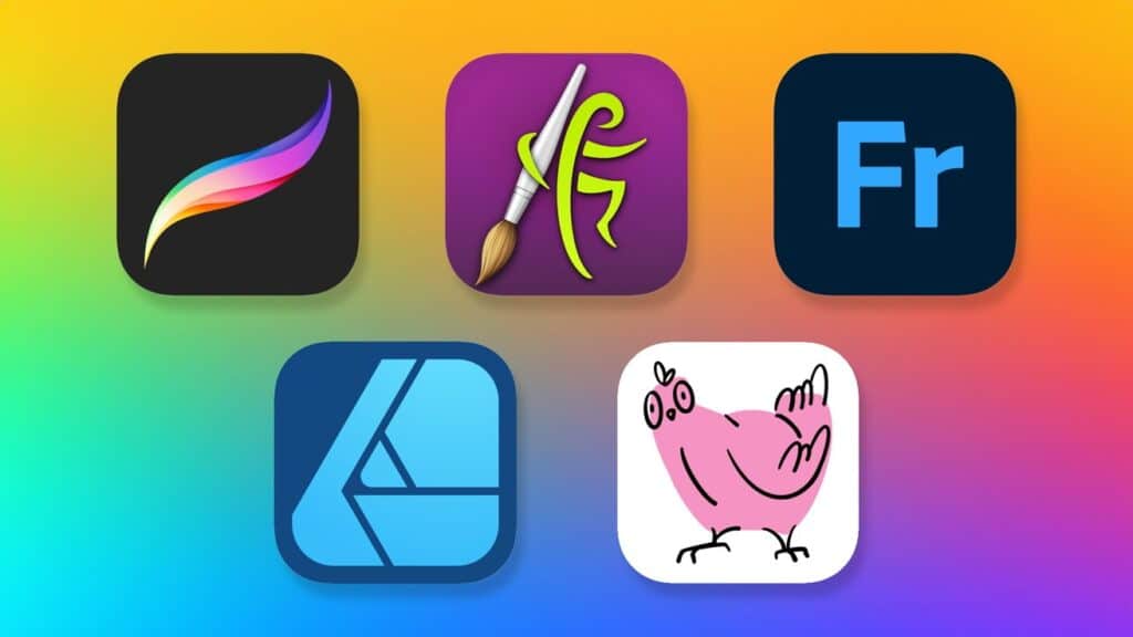 Icons of five digital art apps on a gradient background, including a brush, a bird, and stylized letters.