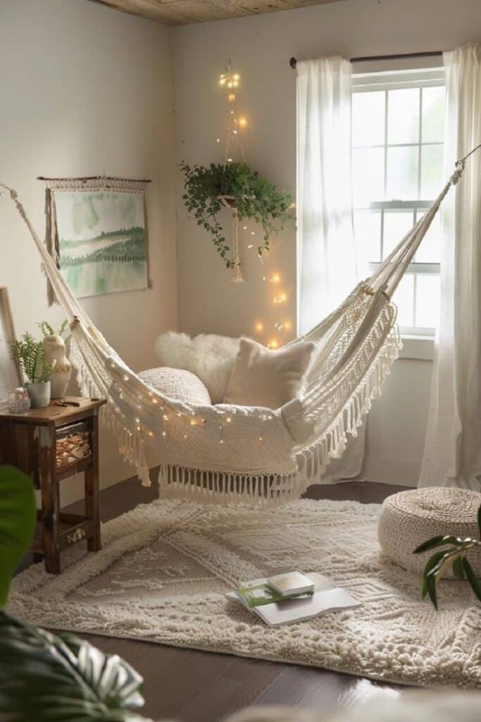Cozy boho hammock with cushions in serene living room, warm lights, plants, and soft natural decor.