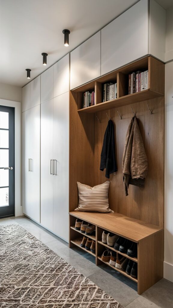 Stylish mudroom with wooden shoe rack, coat hooks, and white cabinets for organized storage.